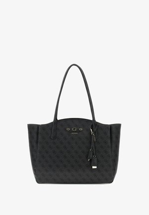 Sac fourre-tout noir Guess avec motif monogramme, longues anses, plaque logo en métal et breloques décoratives suspendues à l'avant.