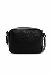 Black leather crossbody bag with textured surface, rectangular shape, top zipper closure, and adjustable strap.