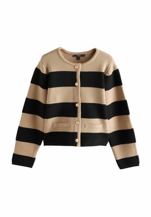 Beige und schwarz gestreifter Cardigan mit Rundhalsausschnitt, vorderen Knöpfen und zwei Seitentaschen. Aus strukturiertem Strickmaterial gefertigt.