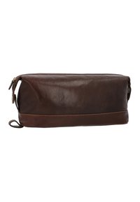 Brown leather toiletry bag with a rectangular shape, zippered top, and stitched accents. Smooth texture with a subtle sheen, durable construction.