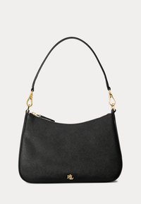 Bolso de hombro de cuero negro texturizado con cremallera dorada, correa desmontable y pequeño logotipo "RLL" dorado en el centro frontal.