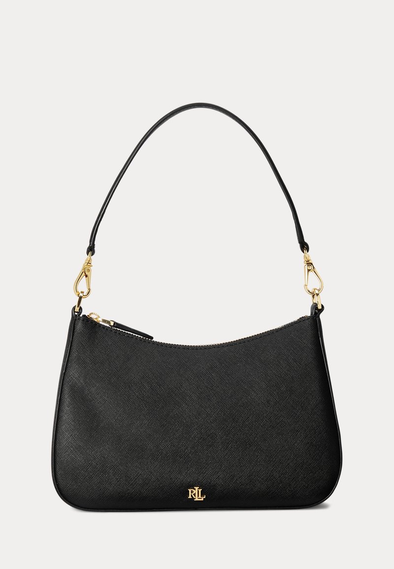 Bolso de hombro de cuero negro texturizado con cremallera dorada, correa desmontable y pequeño logotipo "RLL" dorado en el centro frontal.