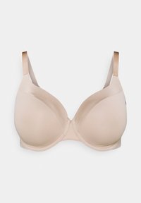 Beige padded bra with smooth texture, underwire support, wide straps, and a seamless design for comfort. Suitable for everyday wear.