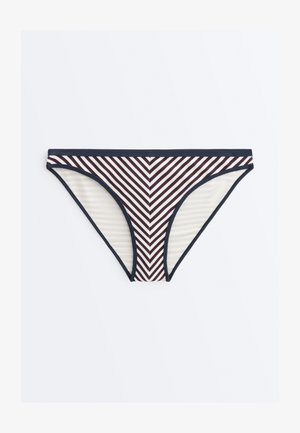 Damski bikini z granatowym wykończeniem i ukośnym, pasiastym wzorem w kolorach białym, granatowym i bordowym, tworzącym wzór w jodełkę.