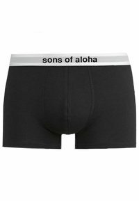 Boxer brief neri con vestibilità aderente, dotati di una cintura bianca con la scritta "sons of aloha" in caratteri neri. Tessuto liscio.