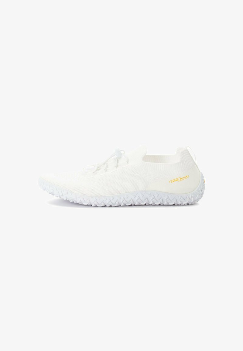 White knit athletic shoes with a textured upper, elastic laces, and ridged rubber sole. Features a logo accent in gold on the side.