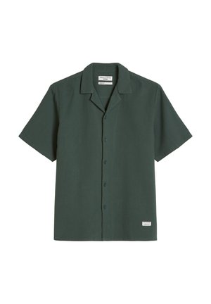 Dark green short-sleeve button-up shirt with camp collar and small white label near the hem, laid flat on a white background.