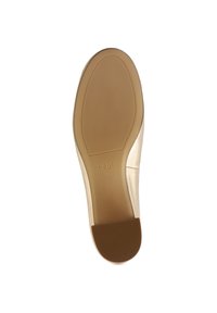 Glossy gold ballet flat sole with a smooth finish and a textured heel. Features brand logo and size markings. Subtle curved design.