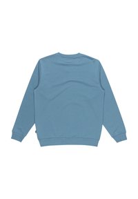Sweat-shirt bleu clair à manches longues avec col rond, poignets et ourlet côtelés, montré de dos sur fond blanc.