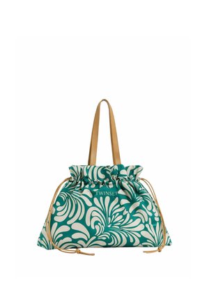 Borsa tote con coulisse a motivo verde e bianco, manici in pelle color cuoio e logo "TWINSET" sulla parte anteriore.