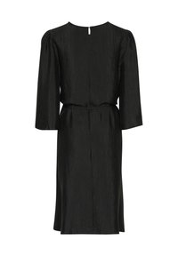 Robe noire à manches trois-quarts, en tissu texturé, avec un ourlet mi-long et une fermeture arrière en forme de trou de serrure. Taille marquée avec une ceinture à nouer.