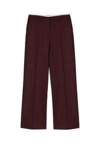 Burgundy wijde broek met een gladde textuur, voorzien van plooien aan de voorkant en een tailleband, ontworpen voor een ontspannen pasvorm.