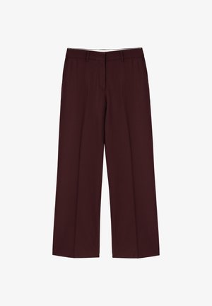 Vyšnių spalvos plačios kelnės su lygiu tekstūru, su klostėmis priekyje ir liemeniu, sukurtos patogiam apdailai.