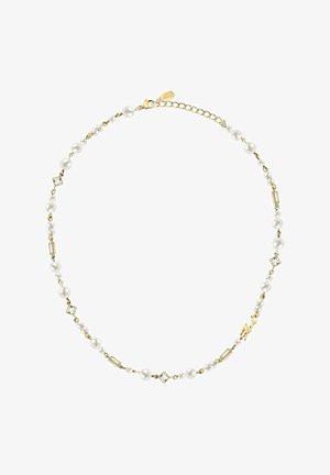 Collier chaîne en or avec des perles blanches alternées et des cristaux géométriques transparents, équipé d'un fermoir mousqueton et d'une petite étiquette de marque.