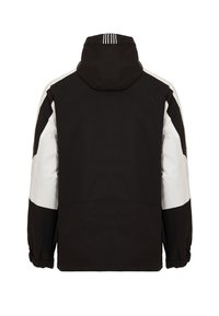 Zwart-witte jas met een capuchon, voorzien van contrasterende mouwen en elastische manchetten. Gladde buitenkant met verticale streepdetails op de capuchon.