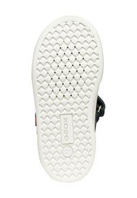 Suola di scarpa in gomma bianca con un motivo a diamante testurizzato e fori di ventilazione. Presenta un logo GEOX con dettagli numerici.