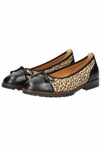 Černé kožené baletní flat boty s textilními stranami s leopardím potiskem, kulatou špičkou a dekorativní mašlí vpředu; gumová podrážka pro lepší přilnavost.