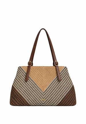 Borsa intrecciata con motivo a chevron in tonalità beige, marroni e nere, con due tracolle regolabili marrone scuro con fibbie in metallo.