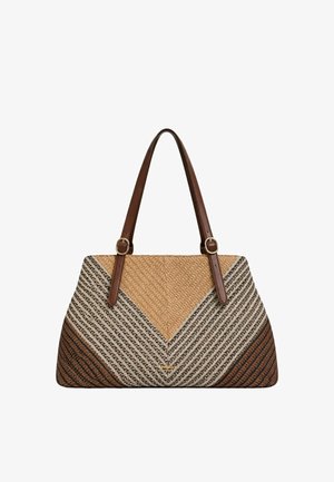 Borsa intrecciata con motivo a chevron in tonalità beige, marroni e nere, con due tracolle regolabili marrone scuro con fibbie in metallo.