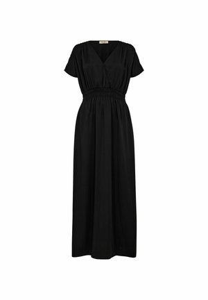 Zwarte maxi-jurk met korte mouwen, V-halslijn en een geplooide elastische tailleband, weergegeven op een witte achtergrond.