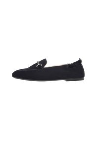 Scarpe ballerina in suede nero con suola piatta, dotate di un accento metallico decorativo e una punta morbida e arrotondata. Design flessibile con bordo elastico.