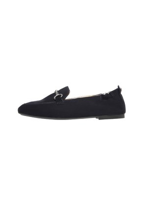 Black suede ballerina shoes with a flat sole, featuring a decorative metallic accent and a soft, rounded toe. Flexible design with elastic trim.