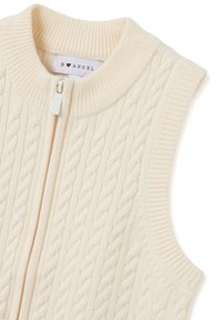 Gilet senza maniche color avorio in maglia con motivo a trecce, collo alto e chiusura frontale con zip. Tessuto morbido con bordi a coste.