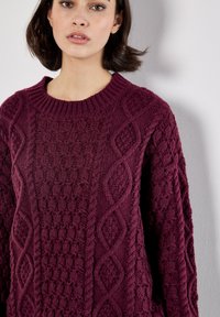 Bordeauxfarbener Strickpullover mit strukturierten Mustern, rundem Halsausschnitt und lockerer Passform. Das Material wirkt weich und zeigt aufwendige Kabelmuster.