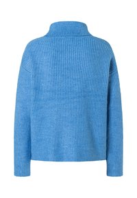 Blauer Strickpullover mit langen Ärmeln und einem breiten gerippten Rollkragen, von hinten vor einem weißen Hintergrund gezeigt.