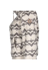 Fleecová bunda se šedými a bílými geometrickými vzory, boční kapsou, zipem a kulatou koženou nášivkou s logem na rukávu.