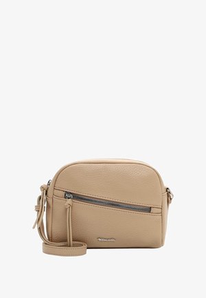 Beige leather crossbody bag with textured surface, rounded shape, front zip pocket, and adjustable strap. Silver-tone hardware accents.