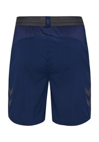 Shorts de sport bleu marine en tissu léger, avec une taille texturée et des accents en chevrons gris sur les côtés.