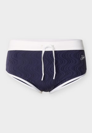 Kupke za plivanje tamnoplave boje s uzorkom valova, bijelim pojasom i obrubom, prednjim vezicama i malim logotipom na desnom boku.