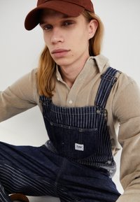 Pantalones de mezclilla con rayas verticales azules y blancas, con tirantes ajustables y un bolsillo. Combinados con una camisa beige de botones.