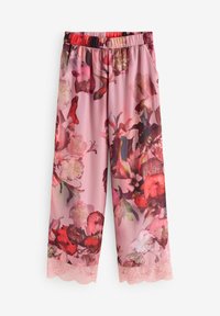 Nohavice s kvetinovým vzorom v odtieňoch ružovej s čipkovaným lemom so zaoblenými okrajmi na spodku. Vyrobené z ľahkej látky, s voľným strihom a elastickým pásom.