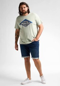 Maglietta di cotone verde chiaro con una grafica blu e bianca con scritta "Petrol Ind.", abbinata a pantaloncini di denim scuro e sneakers bianche.