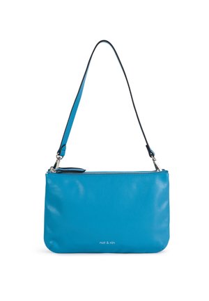 Kleine blauwe leren handtas met een ritssluiting bovenaan en een enkele schouderband, met het "nat & nin" logo in het wit middenvoor.