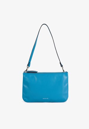 Kleine blauwe leren handtas met een ritssluiting bovenaan en een enkele schouderband, met het "nat & nin" logo in het wit middenvoor.