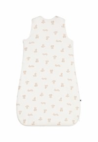 Lekki bawełniany śpiworek, kremowy z delikatnym wzorem misia w miękkim beżu. Bez rękawów, z zaokrąglonym dekoltem i zamkiem błyskawicznym.