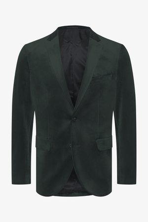 Blazer en velours vert foncé avec un col cranté, fermeture à un bouton, deux poches avant et une doublure en satin lisse.