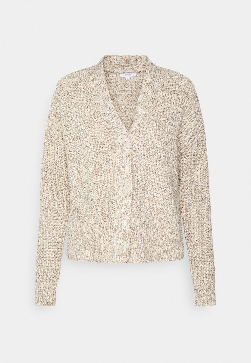 Cardigan beige en maille épaisse avec col en V, manches longues et trois boutons sur le devant, fabriqué en fil mélangé texturé.