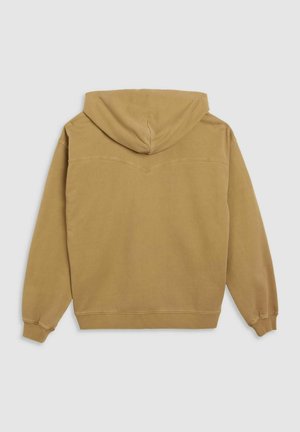 Cotton hooded sweatshirt in beige, featuring a kangaroo pocket and ribbed cuffs. Smooth texture with a plain back and subtle stitching detail.