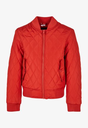 Red quilted bomber jacket with a zip front, ribbed collar and cuffs, and side pockets. Smooth texture with a fitted silhouette.