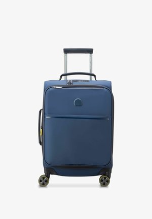 Blauwe harde koffer met een uitschuifbaar handvat, vier multidirectionele wielen en met rits afgesloten vakken. Gladde textuur en een minimalistisch ontwerp.