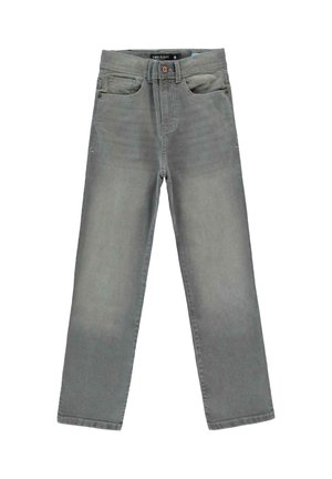 Grijze denim jeans met een rechte pijp, vijf zakken, gestikte details en een knoopsluiting. Licht vervaagd voor een versleten uitstraling.