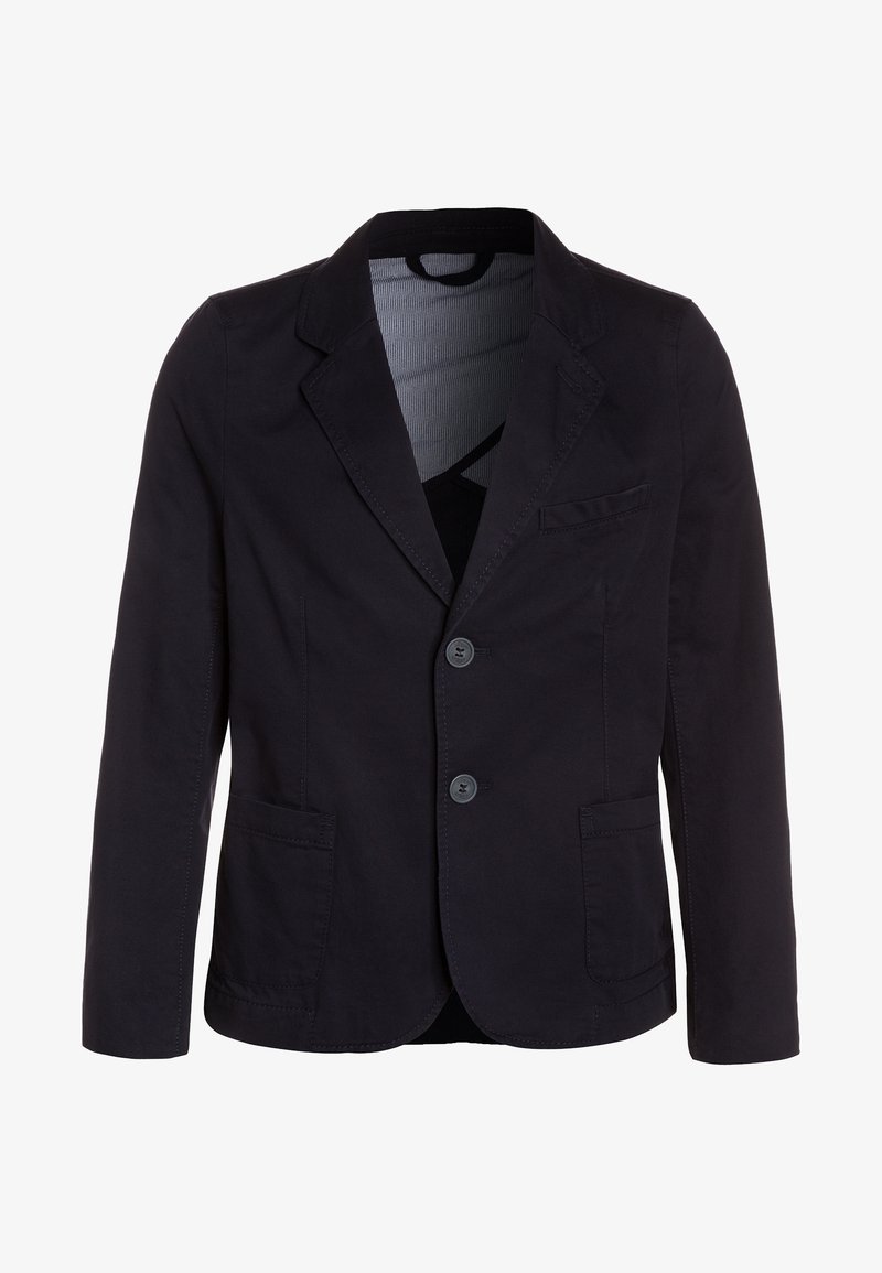 Blazer noir pour homme avec deux boutons, col à cran, poches plaquées à l'avant et une poche passepoilée sur la poitrine, présenté sur un fond blanc.