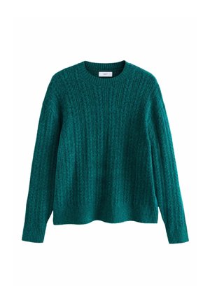 Tirkīza krāsas biezais adījuma džemperis ar apaļu kakla izgriezumu, garām piedurknēm un ribotu tekstūru; tam ir brīvs griezums un horizontālas kabelīšu raksts.