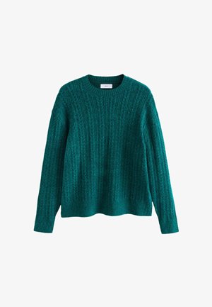 Teal hrubý pletený svetr s kulatým výstřihem, dlouhými rukávy a žebrovanou strukturou; má uvolněný střih a horizontální kabelové vzory.