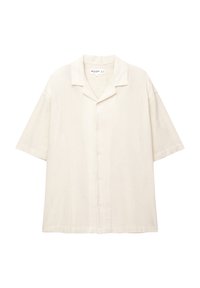 Kurzärmliges, knöpfbares Hemd in hellem Beige, mit einem strukturierten Stoff und einem eingeknöpften Kragen, mit geradem Saum.