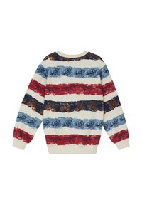 Sudadera de punto con rayas horizontales en rojo, azul y crema, con patrones decorativos en acentos de marino y dorado.